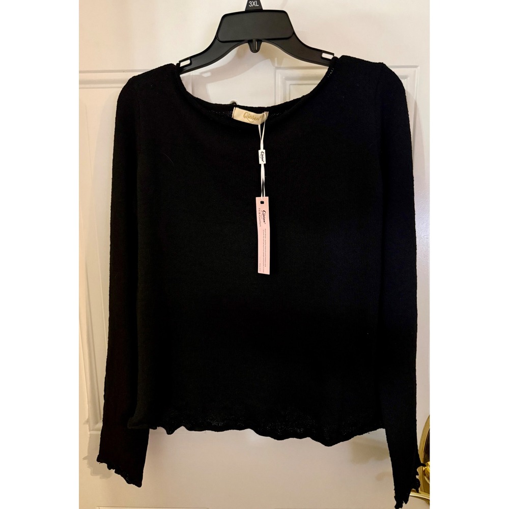 Qinsen Long Sleeve Knit Top Size L New Black Lettuce Trim Boat Neck Sweater